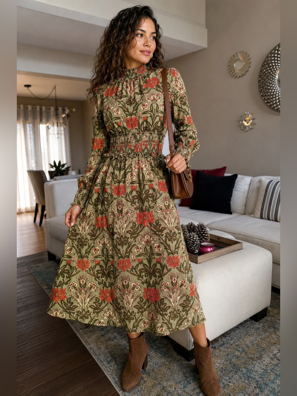 Boho Botanical Floral Smocked Waist Midi Dress Cottagecore Prairie Romantic